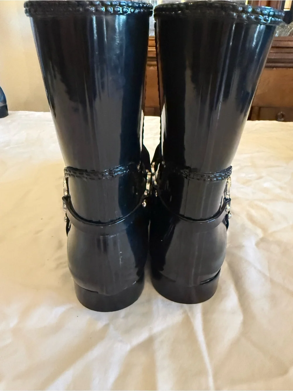 Michael Kors Glossy Black Mid-Calf Rain Boots with MK Detail